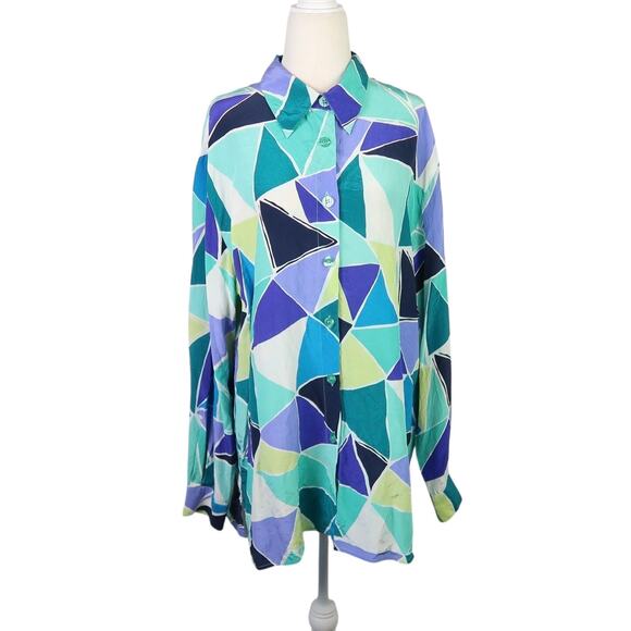 Vintage 90s Diane Von Furstenberg Blue Triangle Geo Silk Blouse Tunic Top L - Picture 1 of 6